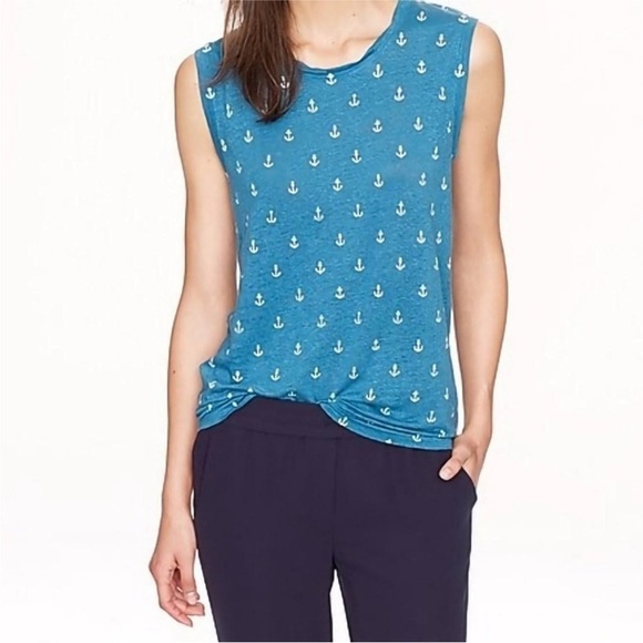 NWT J. Crew Anchor Sleeveless Teal Tank top with white anchors linen - Picture 1 of 6